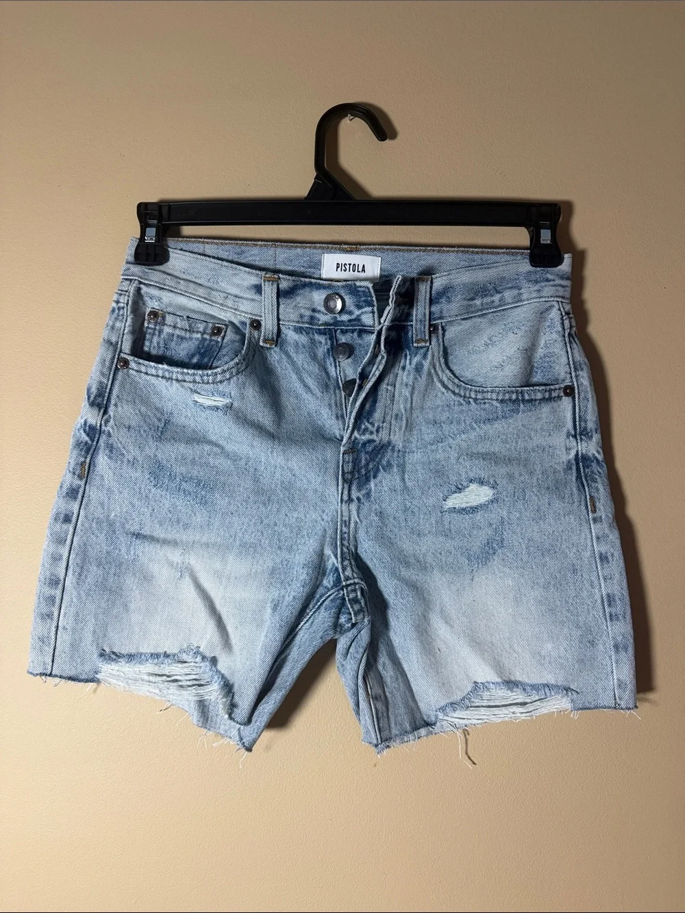 pistola Light Blue Distressed Denim Shorts